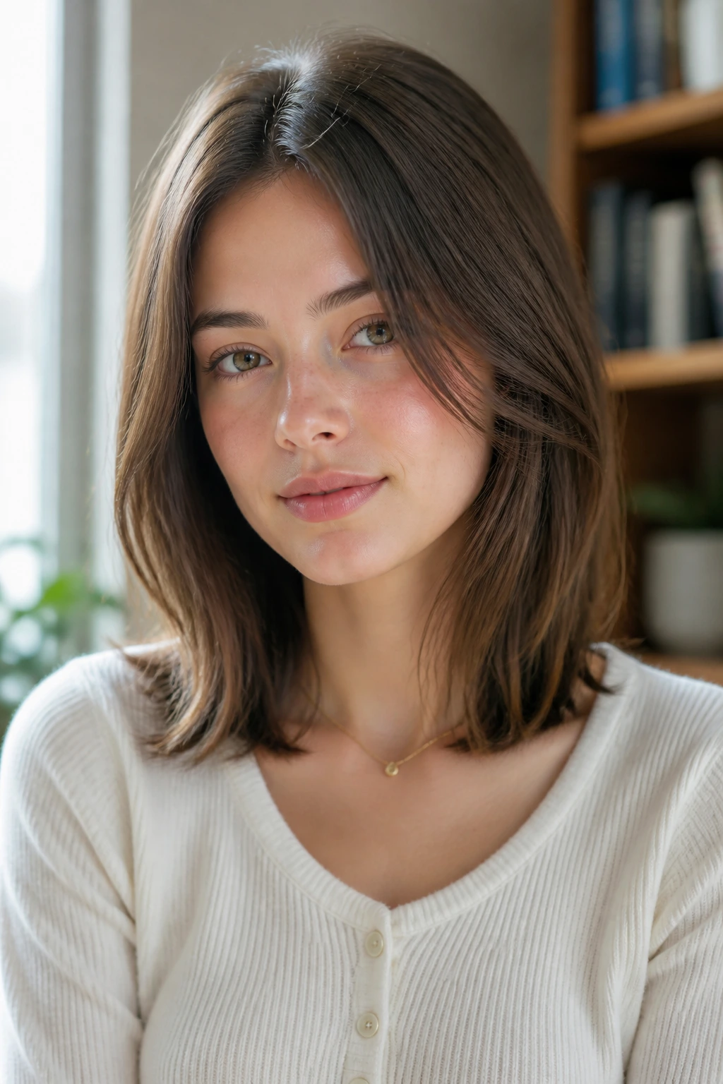 Real person with invisible-layer collarbone cut in softly lit study