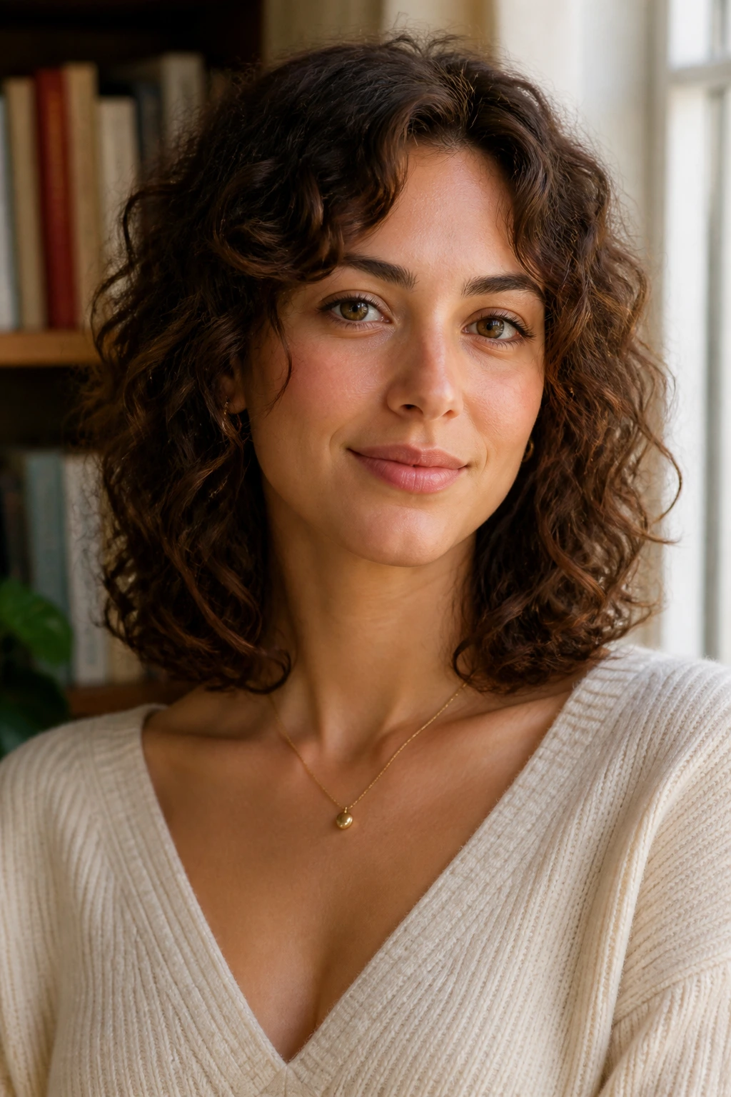 Close-up of a woman with an invisible-layer collarbone cut on a heart-shaped face.