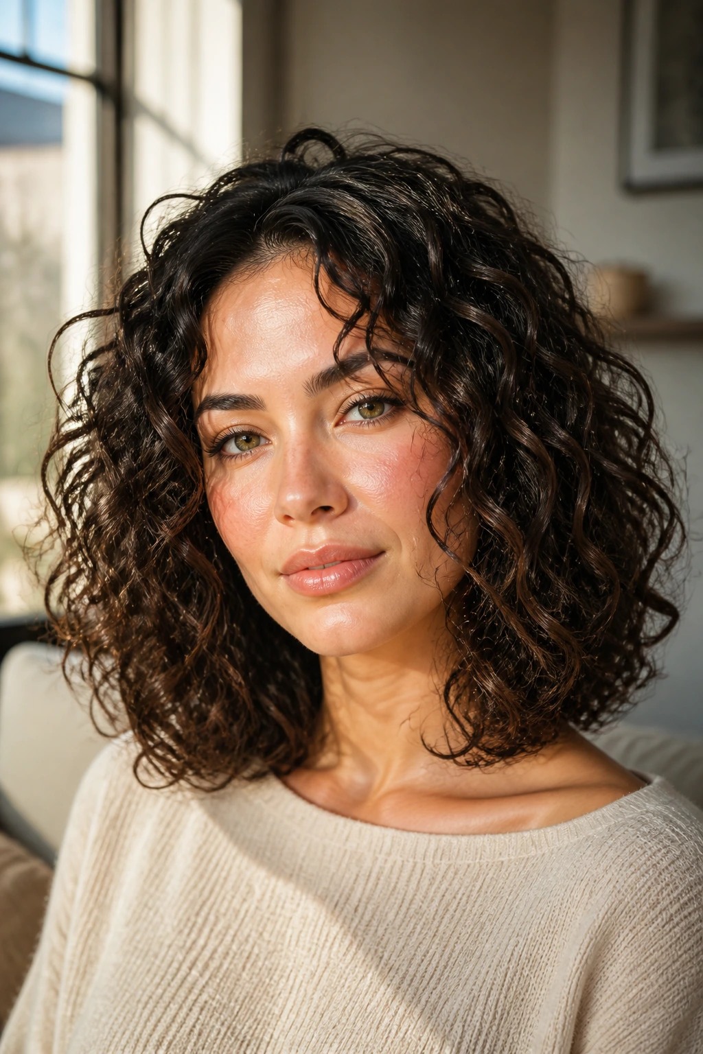 Close-up of a real person with invisible-layer collarbone-cut curls