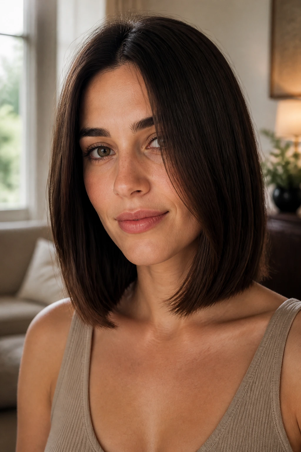 Close-up portrait of a real woman with an invisible-layer collarbone cut on straight hair