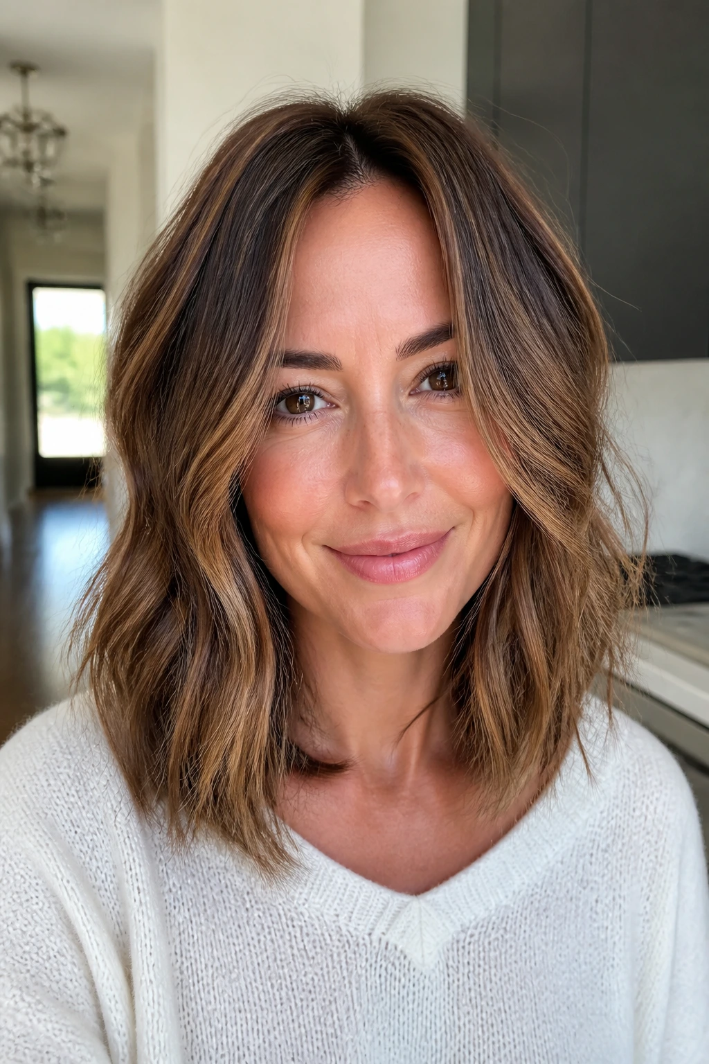Close-up of a real woman with an invisible-layer collarbone lob.