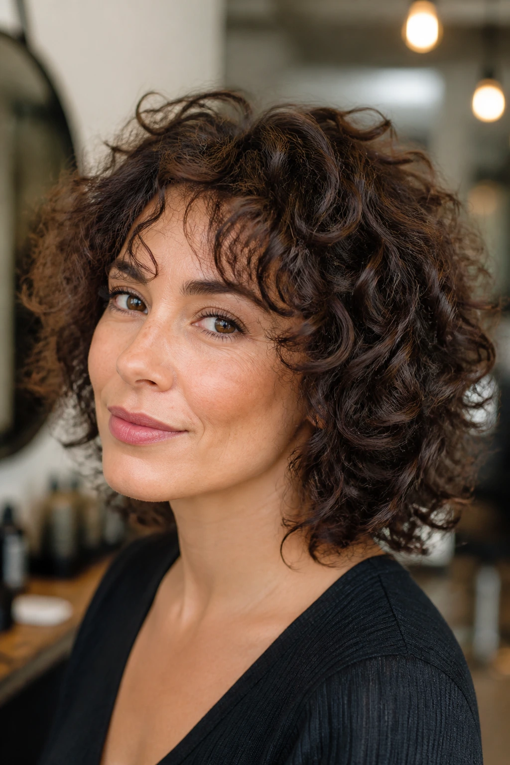 Close-up of fine curly hair with subtle invisible layers
