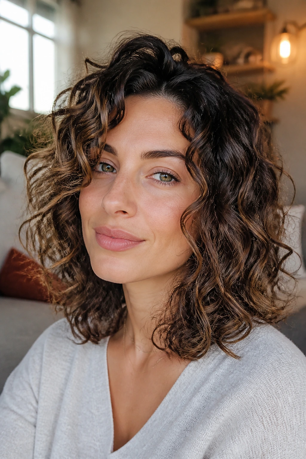 Invisible-layer curly lob with hidden layers on a real woman
