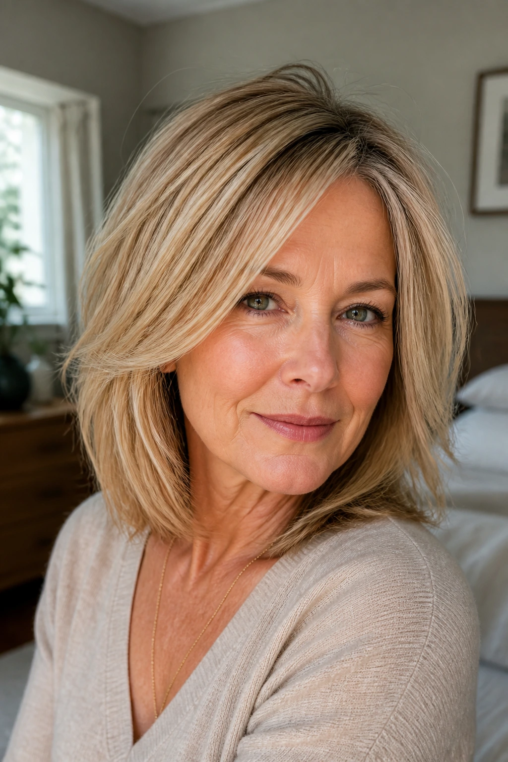 Close-up portrait of a real woman with an invisible-layer shoulder cut on shoulder-length fine hair