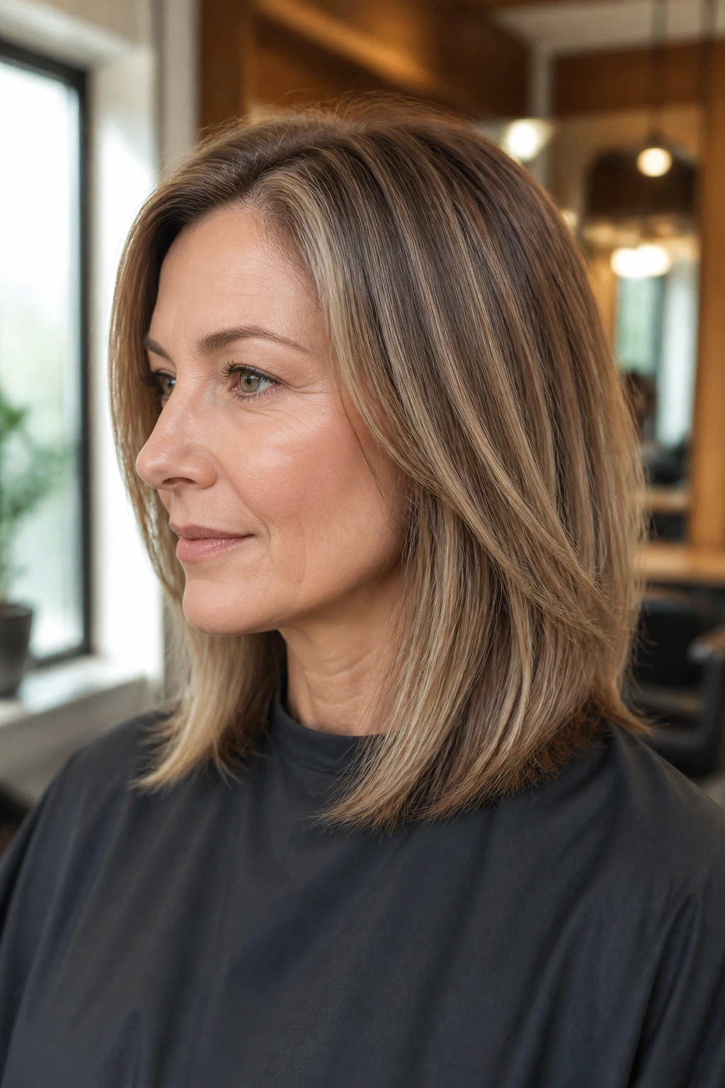 Portrait of a real woman with shoulder-length fine hair showing an invisible-layer cut under smooth exterior.