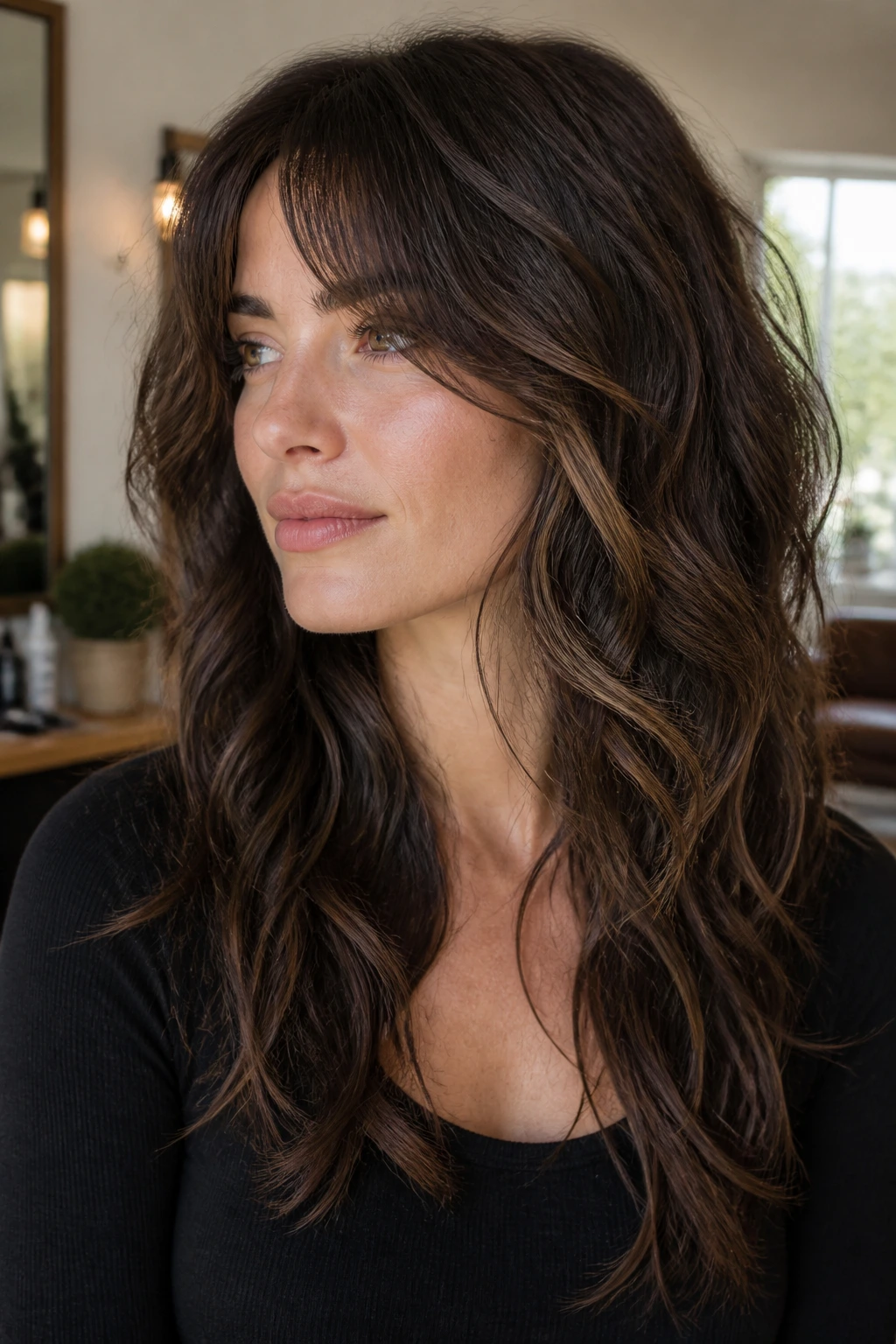 Close-up portrait of a real woman with wavy hair showing invisible internal layers