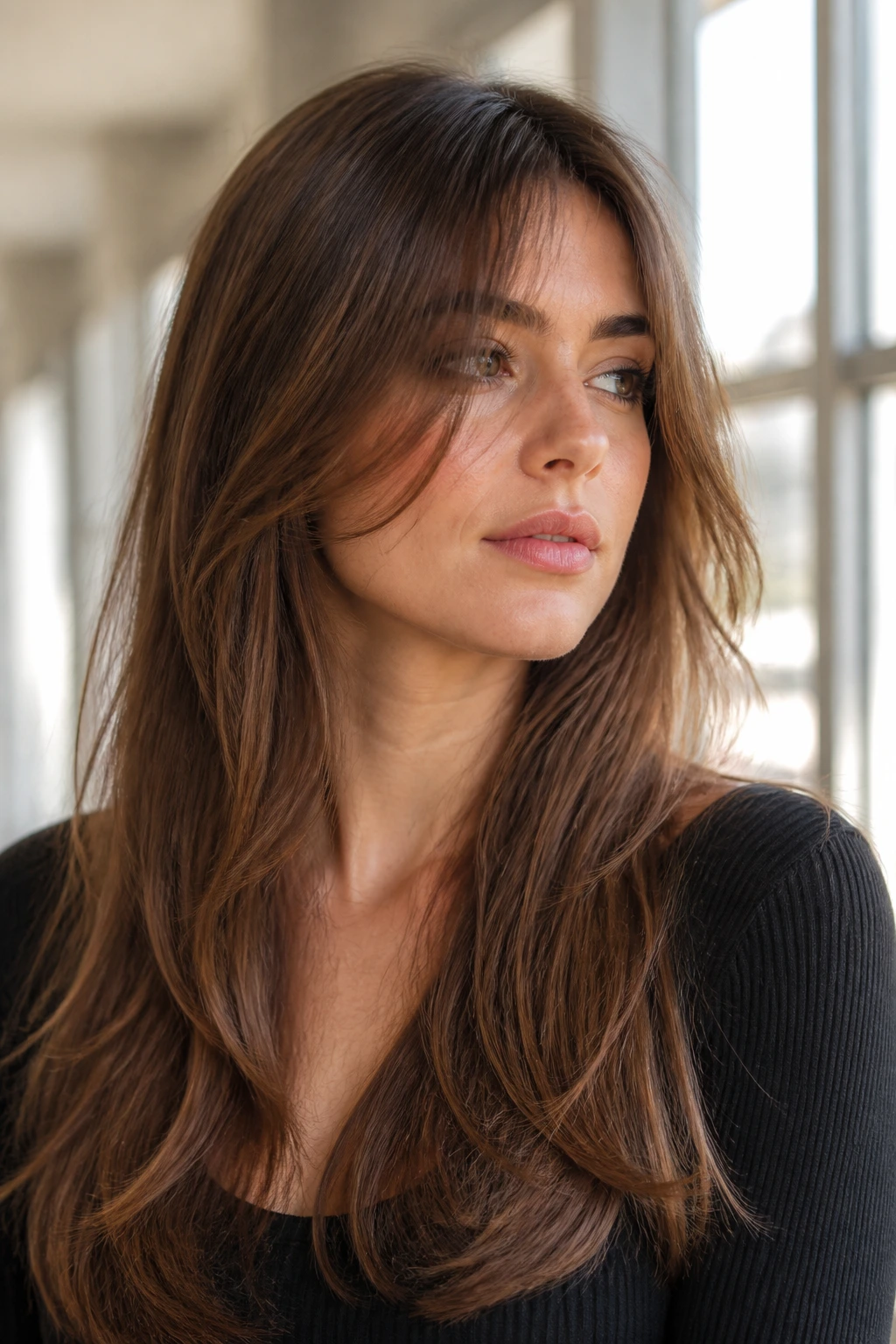 Close-up portrait of a person with invisible-layer fringe blending into hair