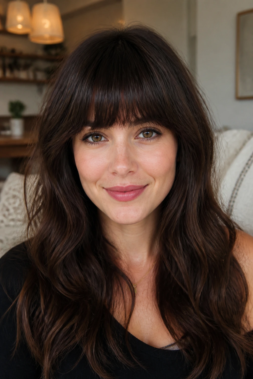 Close-up of a real woman with invisible-layer fringe, front solid with hidden interior layers.