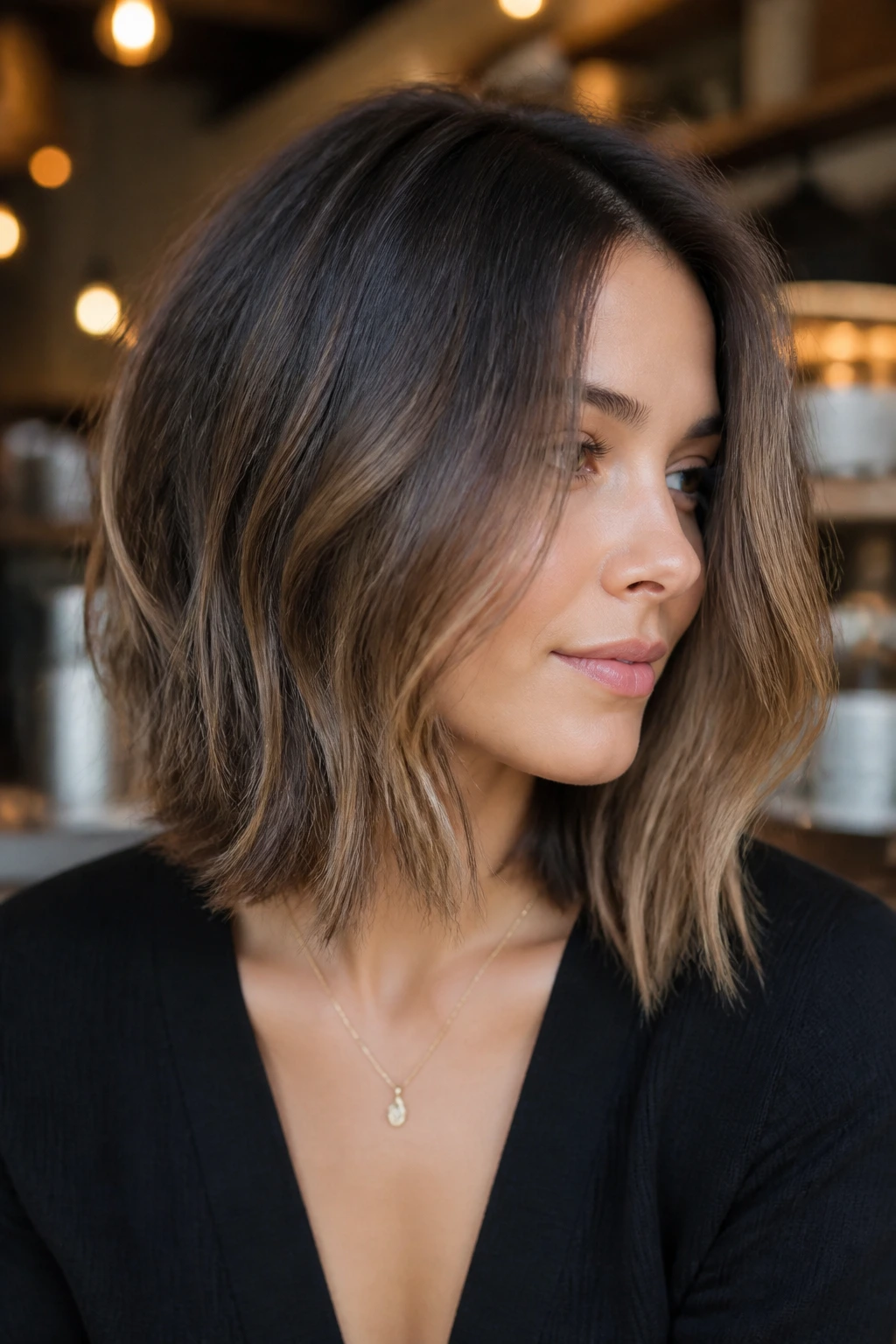 Close-up of a real woman with invisible-layer lob and smooth exterior