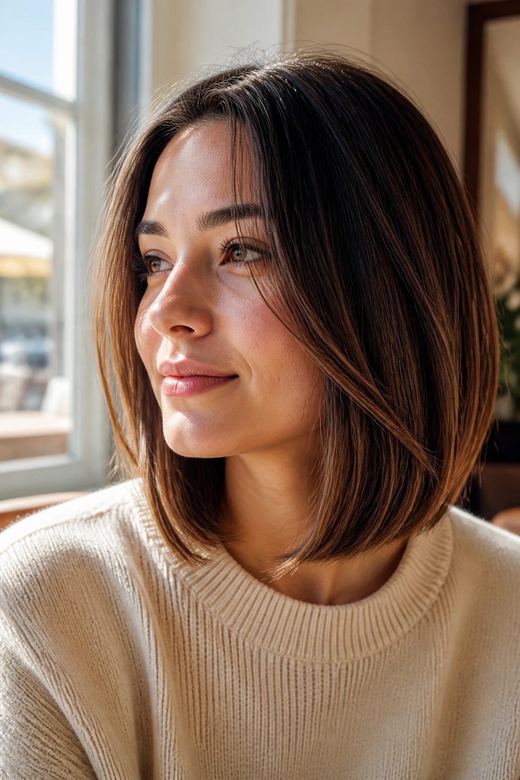 Close-up of a real woman with a shoulder-grazing lob and hidden inner layers