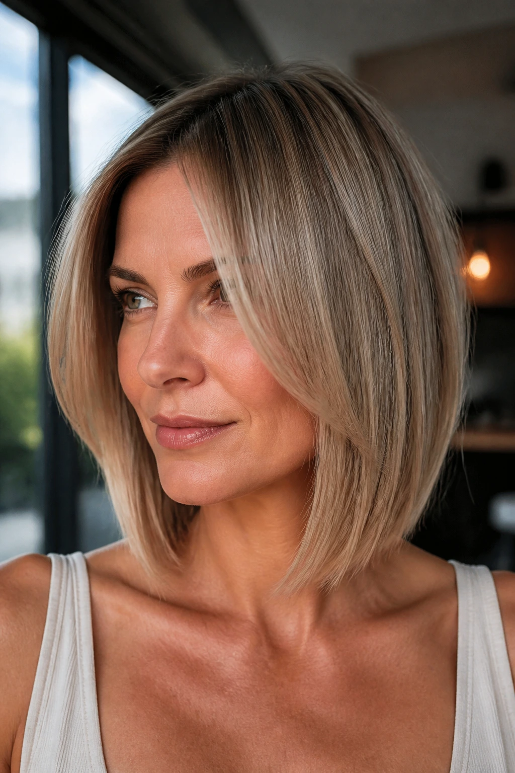 Real person with invisible-layer lob showing lift on thin hair.