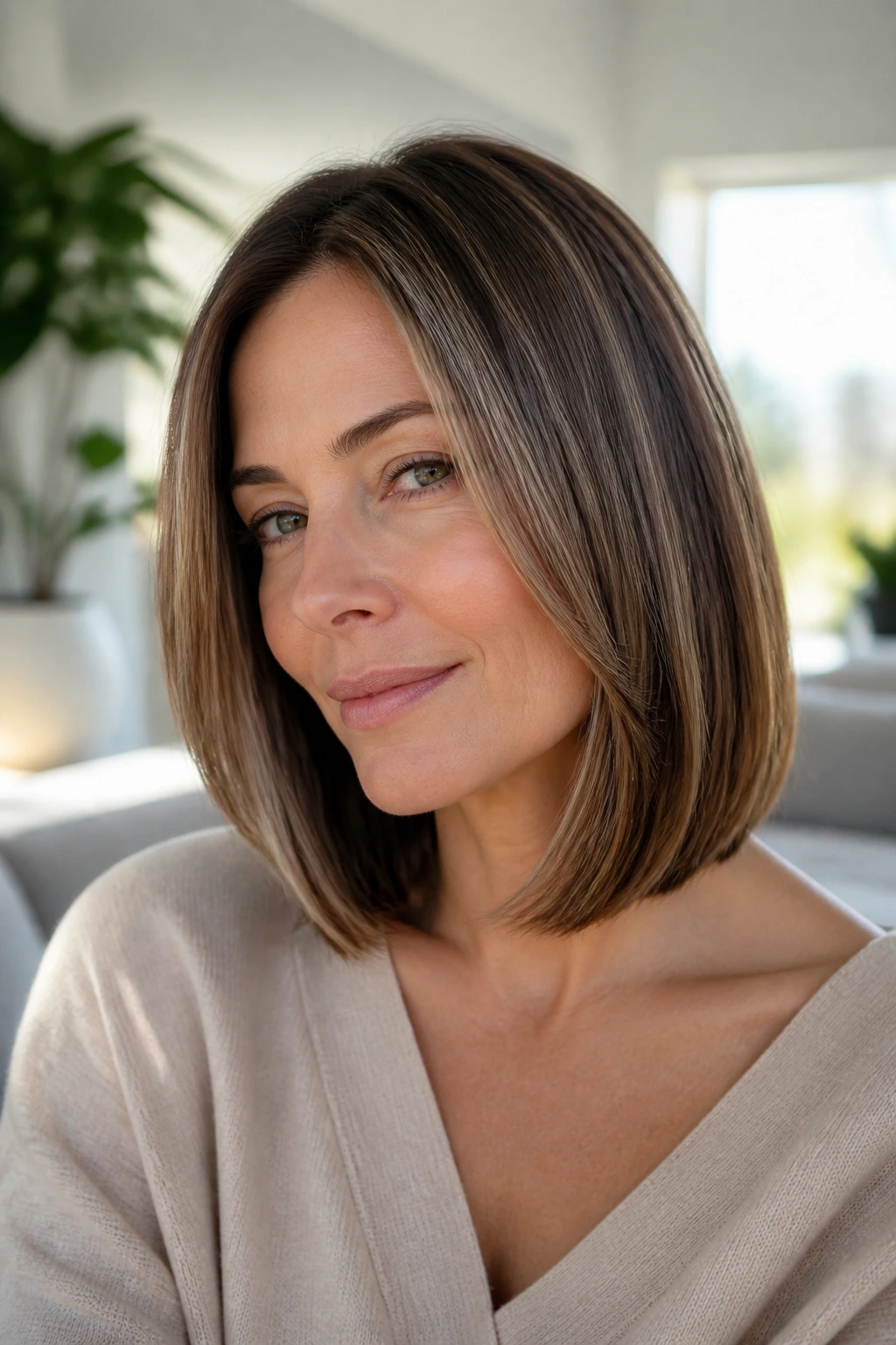 Close-up portrait of a real woman with an invisible-layer lob around the collarbone