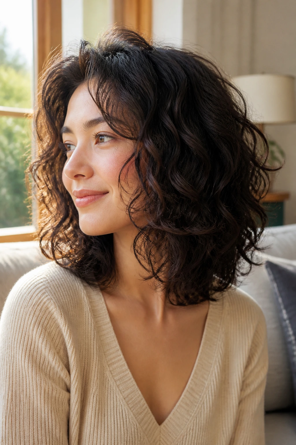 Close-up of a real woman with The Invisible Layer Lob showing smooth top and hidden underlayers.