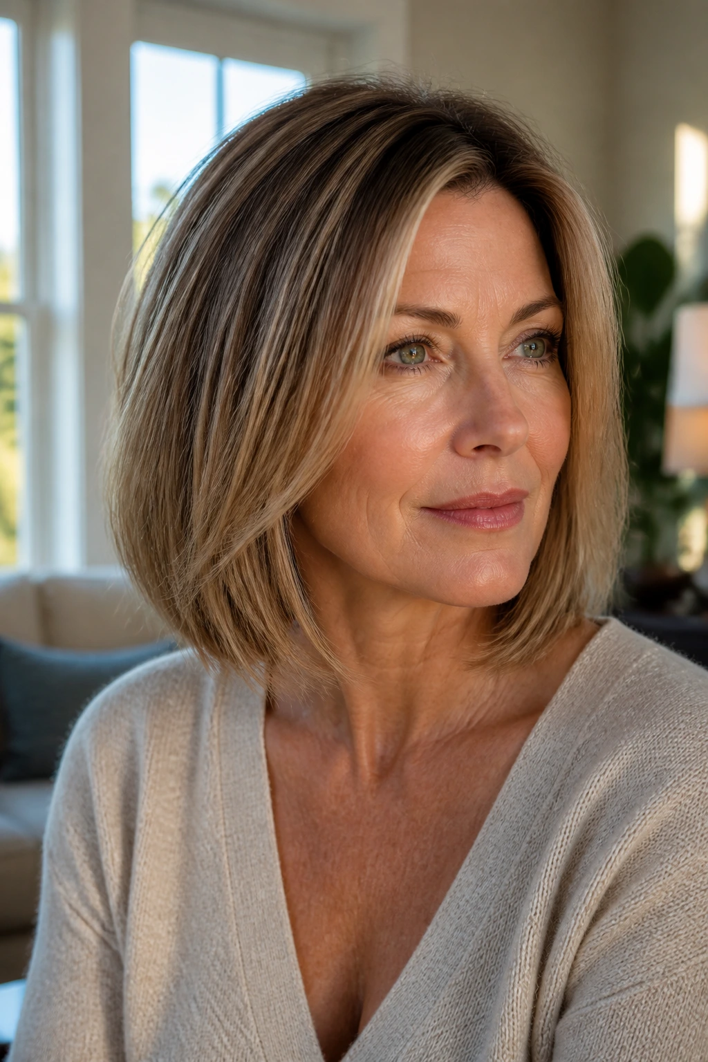 Close-up portrait of a woman with an invisible-layer lob showing a solid perimeter and subtle crown lift