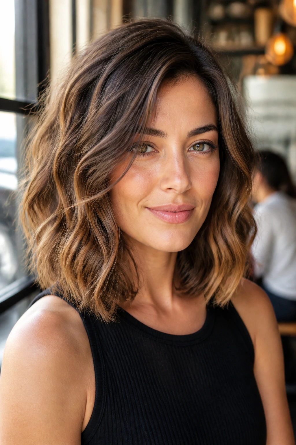 Close-up portrait of a real woman with invisible-layer lob in sunlit cafe light