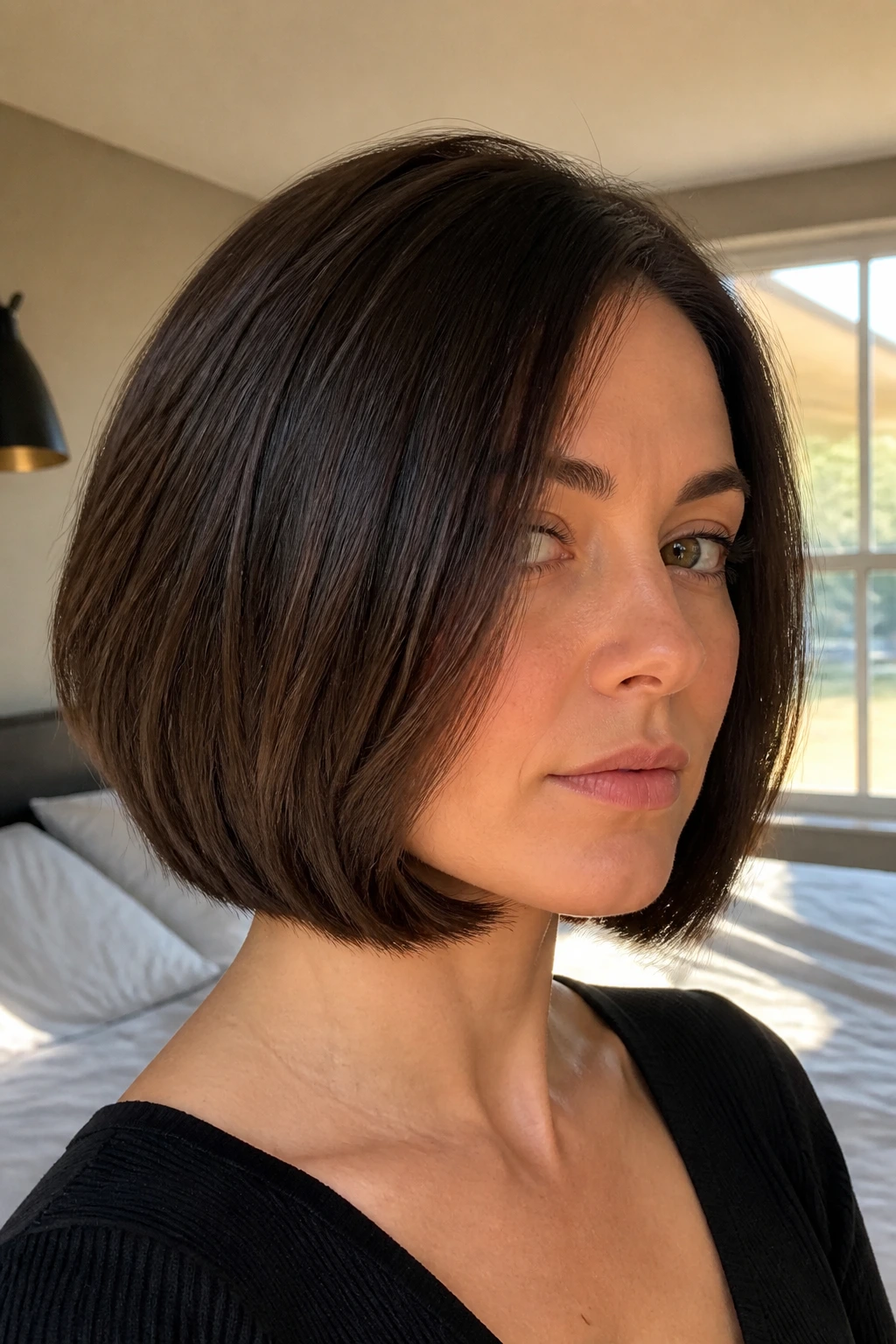 Close-up of a real woman with an invisible-layer lob, jaw-length hair and smooth top layer