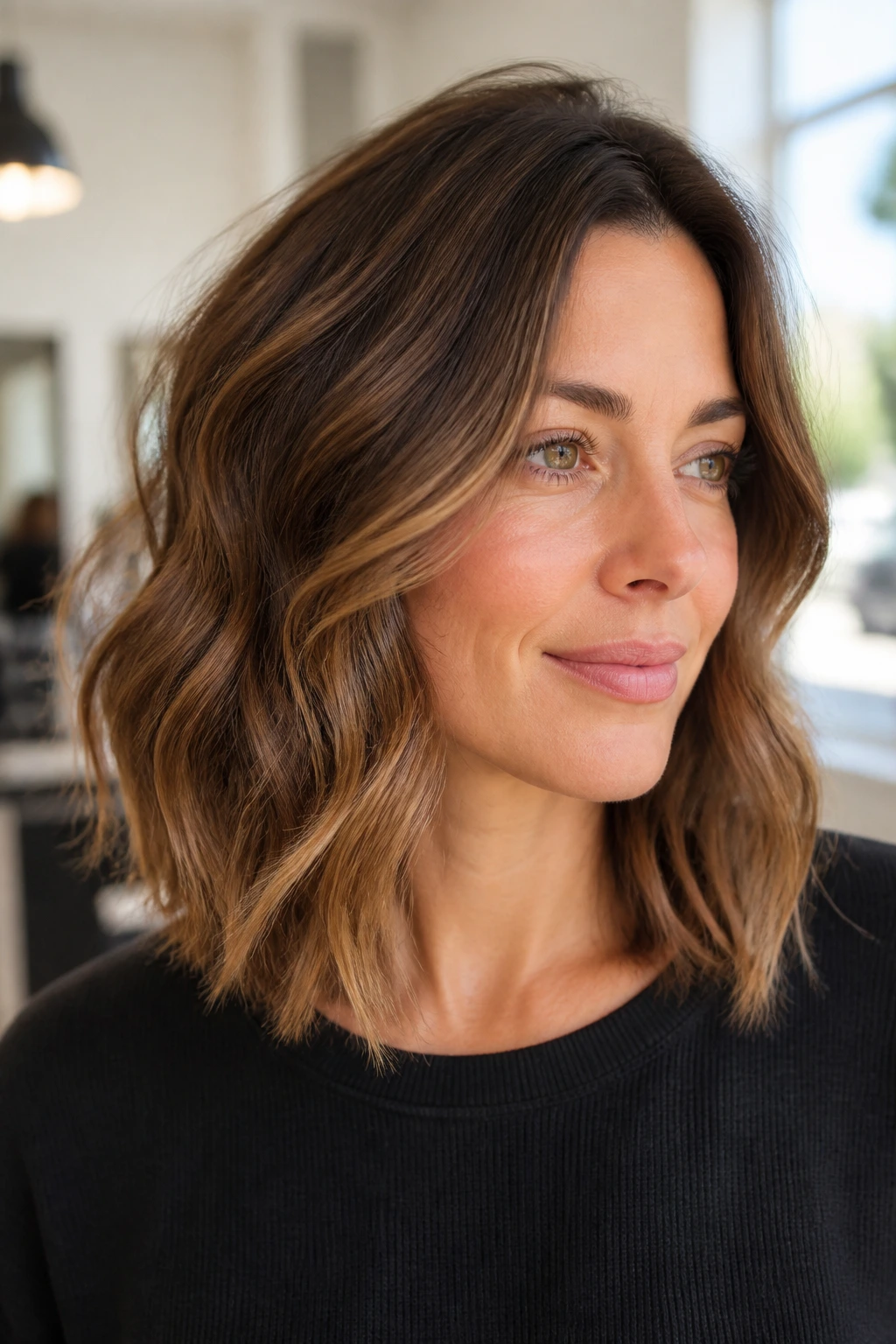 Close-up of a real woman with The Invisible-Layer Lob featuring soft hidden layers around the jaw in a salon.