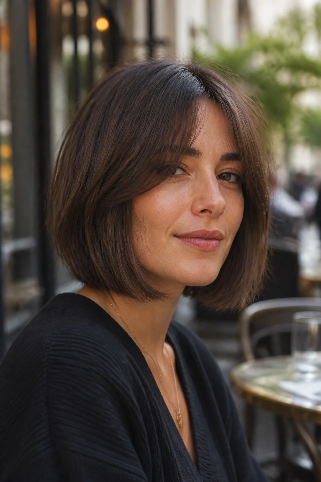Close-up of a real person with a jaw-length lob showing outer density and inner layers with curtain bangs
