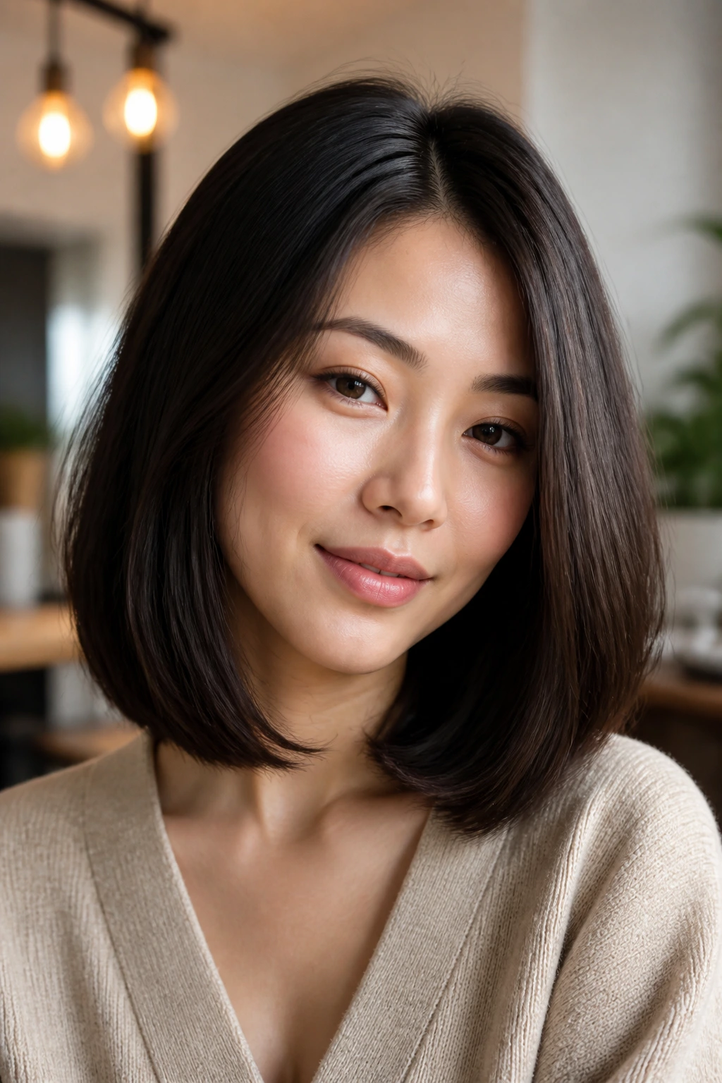 Close-up of a woman with an invisible-layer lob showing hidden interior layers.