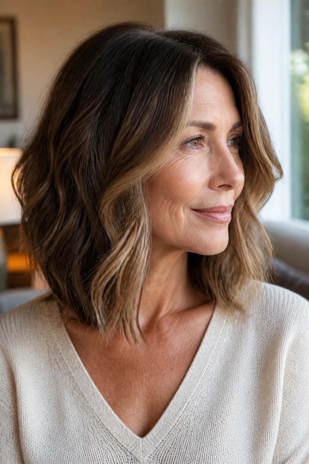 Close-up portrait of a real woman with an invisible-layer lob featuring soft waves and subtle face-framing layers.
