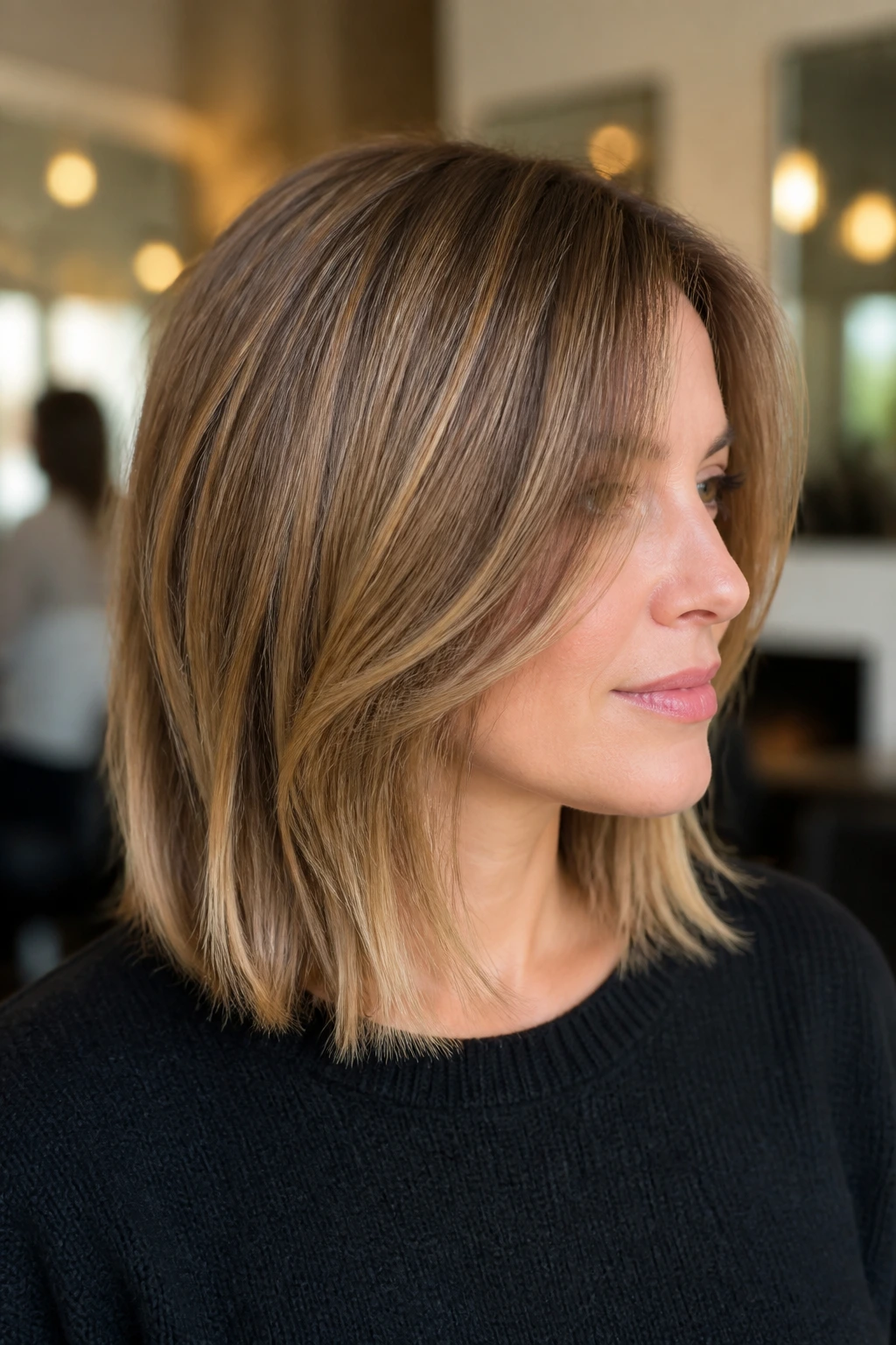 Close-up of real woman with invisible-layer lob showing inner long layers