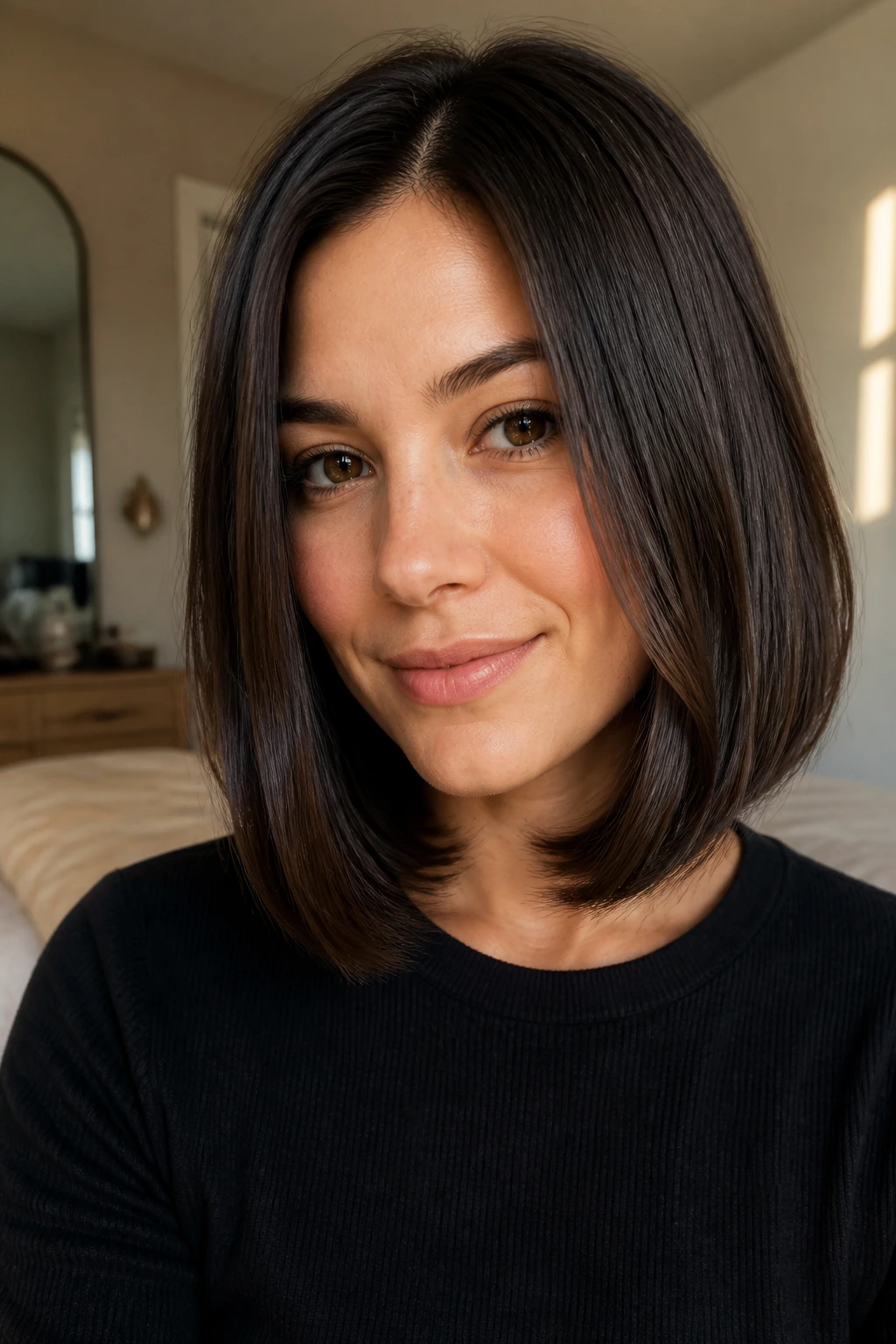 Close-up portrait of a real woman with an Invisible-Layer Lob and subtle underlayers in natural light