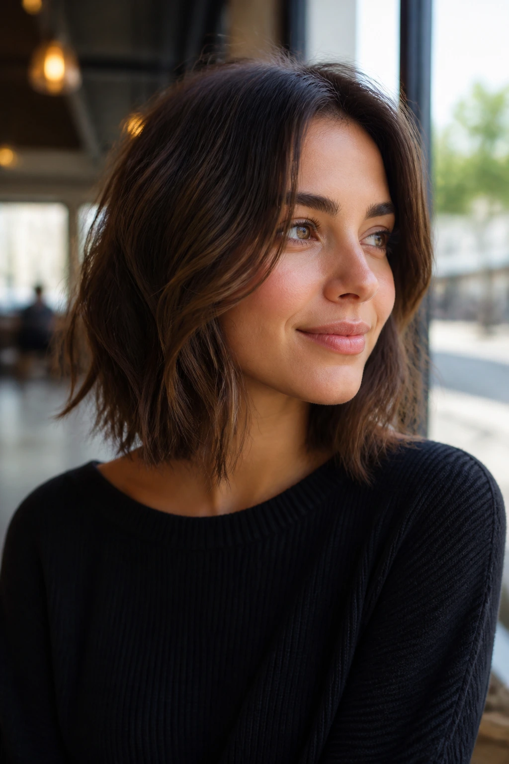Close-up of a real person with an invisible-layer lob in daylight