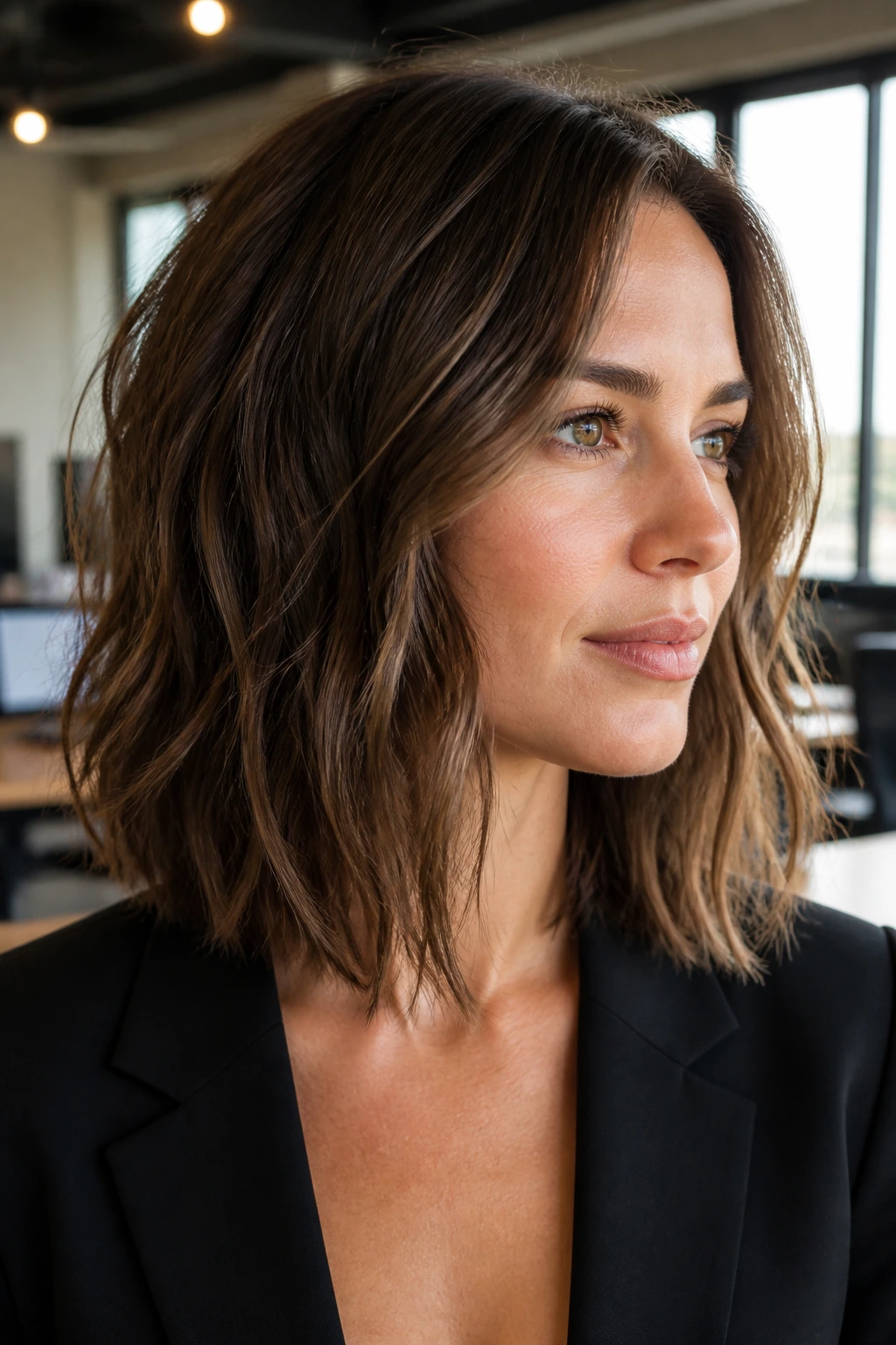 Close-up portrait of real woman with invisible-layer lob in daylight office