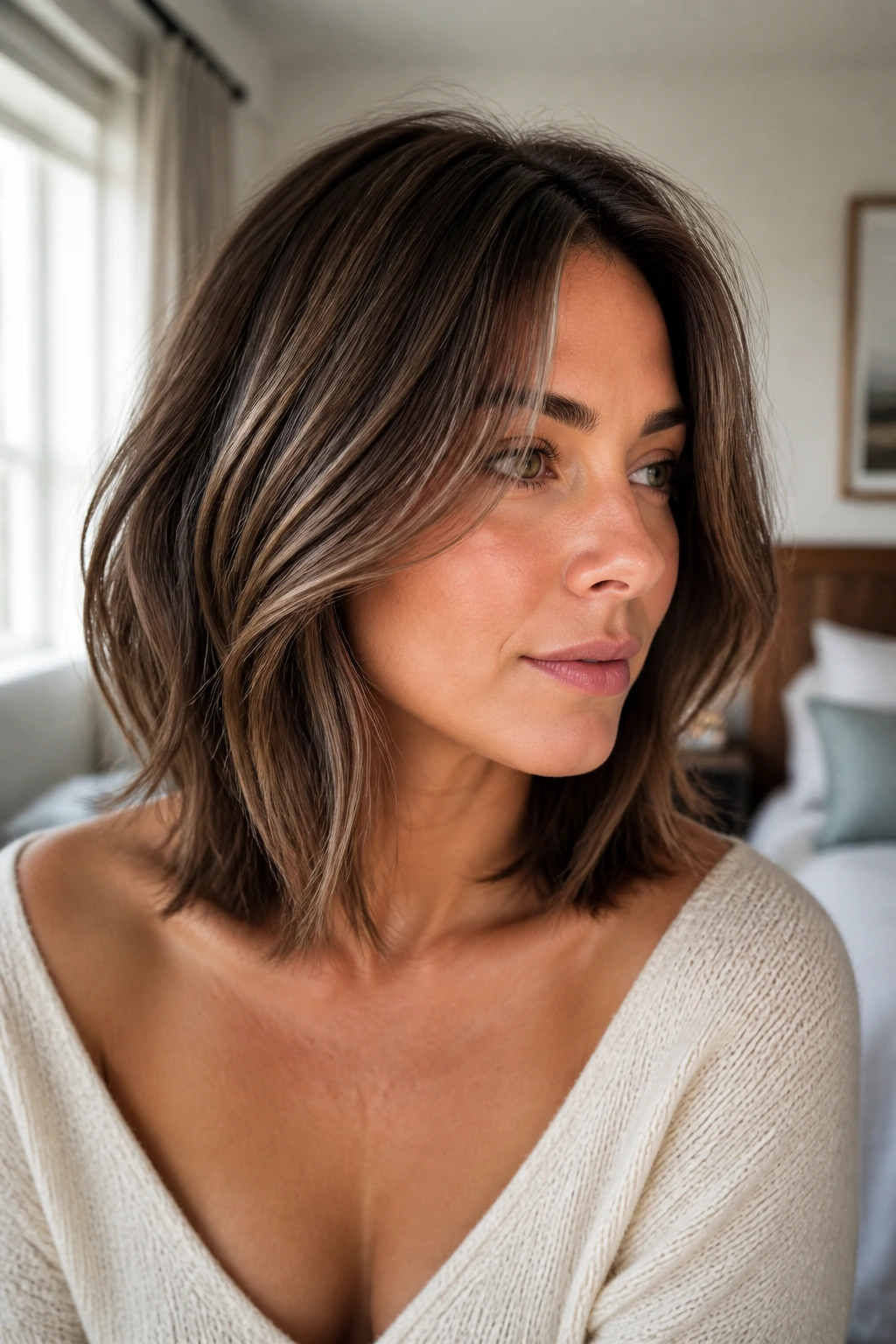 Close-up of a real woman showing an Invisible-Layer Lob with hidden layers and soft waves.