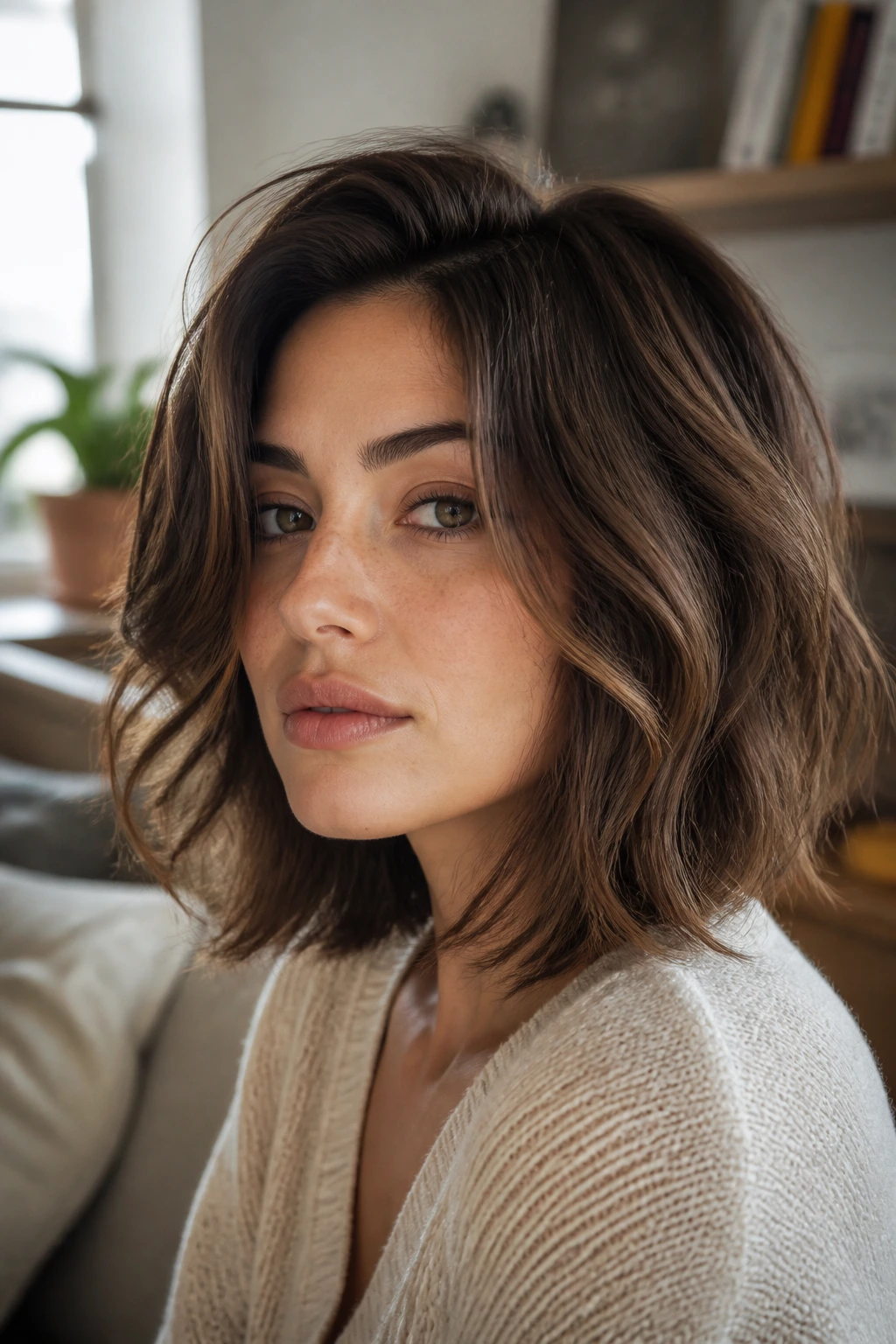 Portrait of a real woman with an invisible-layer lob and thick waves