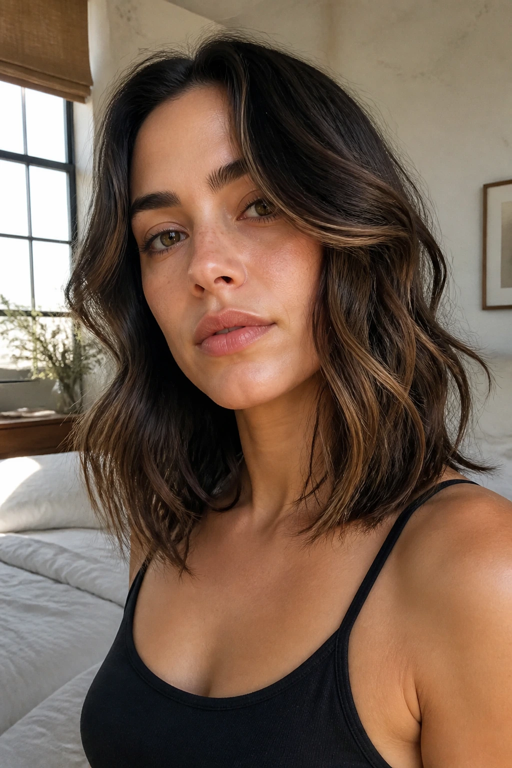 Medium close-up of a real woman with invisible-layer lob waves bending away from the face in natural light