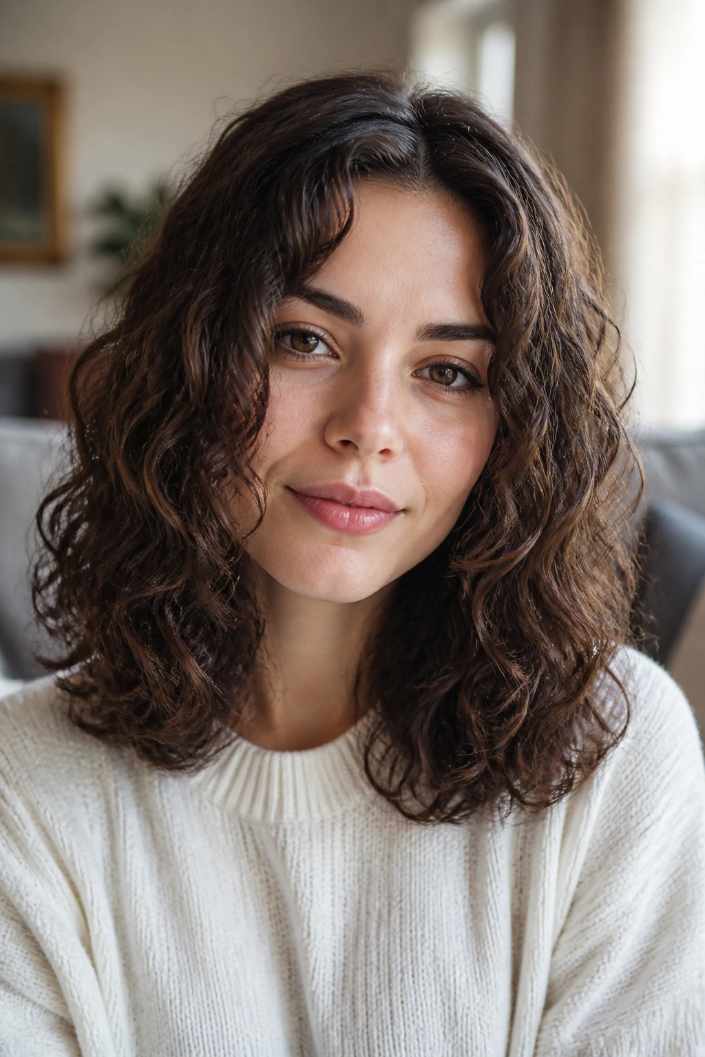 Close-up of a person with an invisible-layer midi cut in soft indoor daylight