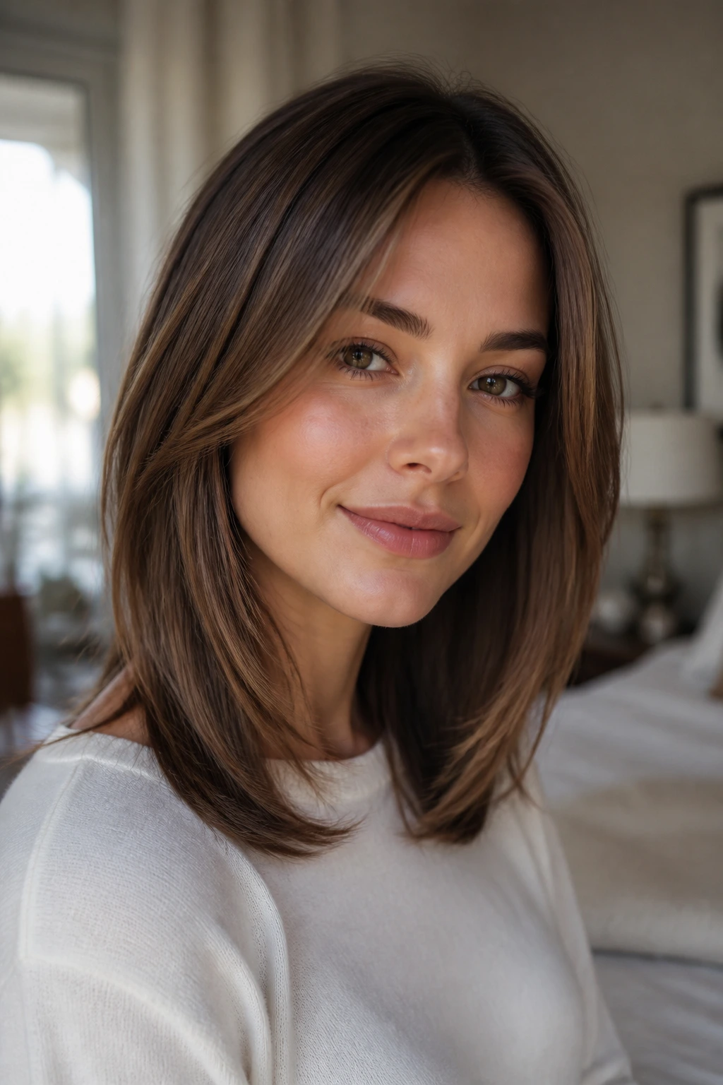 Close-up of a woman with an invisible-layer midi haircut at shoulder length.