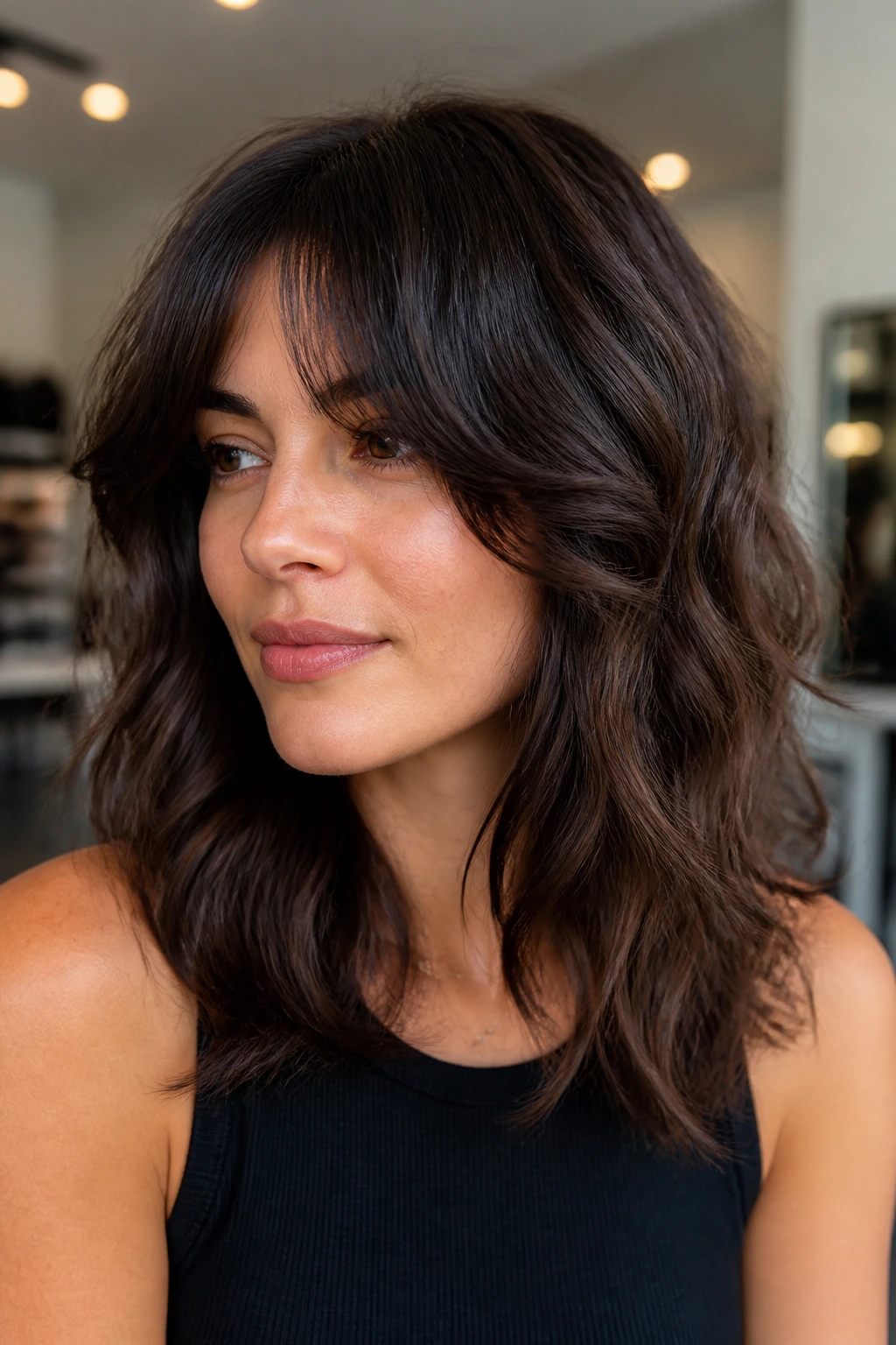 Close-up portrait of a real woman with invisible-layer midi shag hairstyle in a salon
