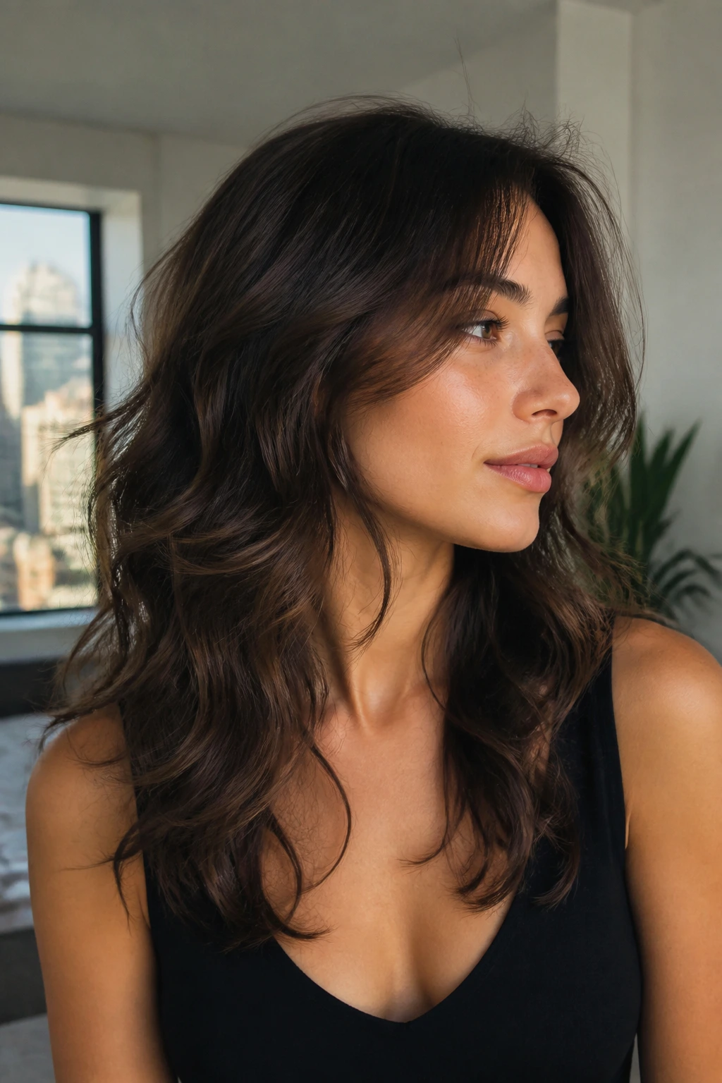 Close-up portrait of real person with invisible layer shag showing inner layers