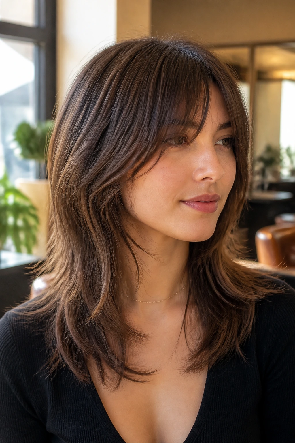 Close-up of real woman with Invisible-Layer Shag showing hidden layers for fullness around the perimeter