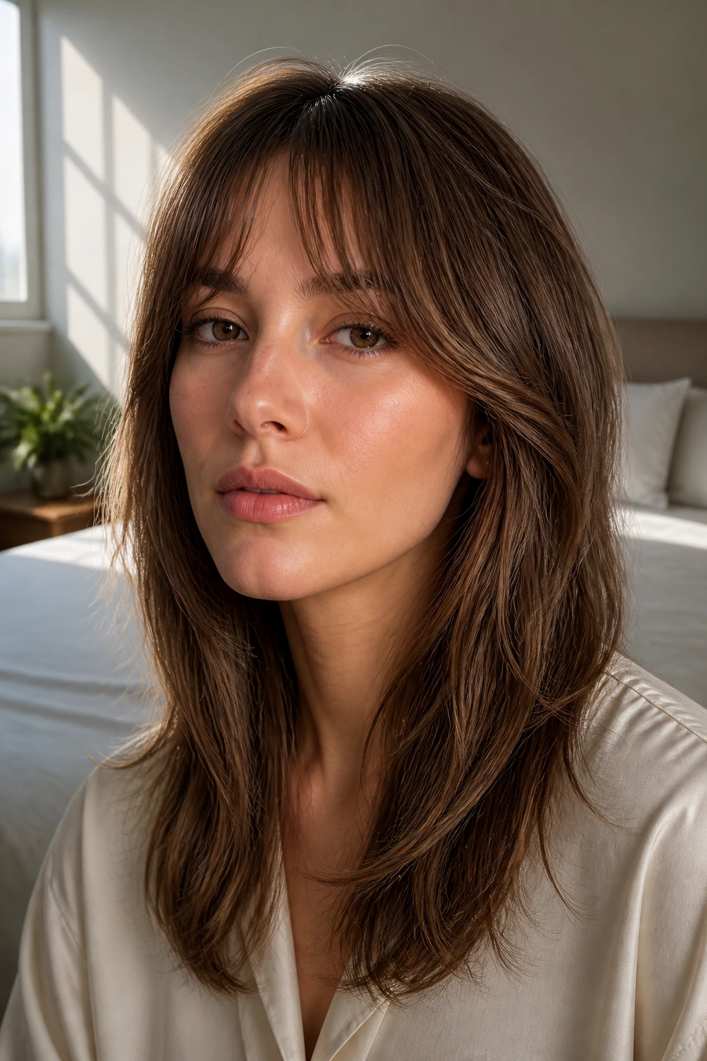 Close-up of real woman with invisible-layer shag in a bedroom