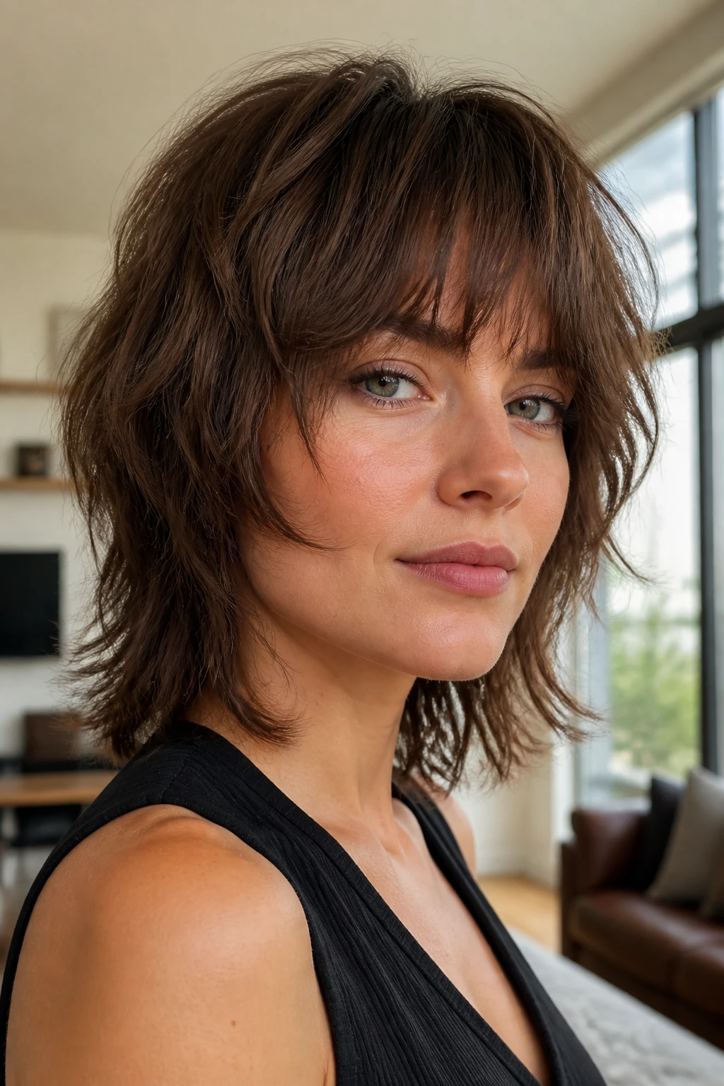 Close-up of a real woman with invisible-layer shag showing soft movement in natural daylight.