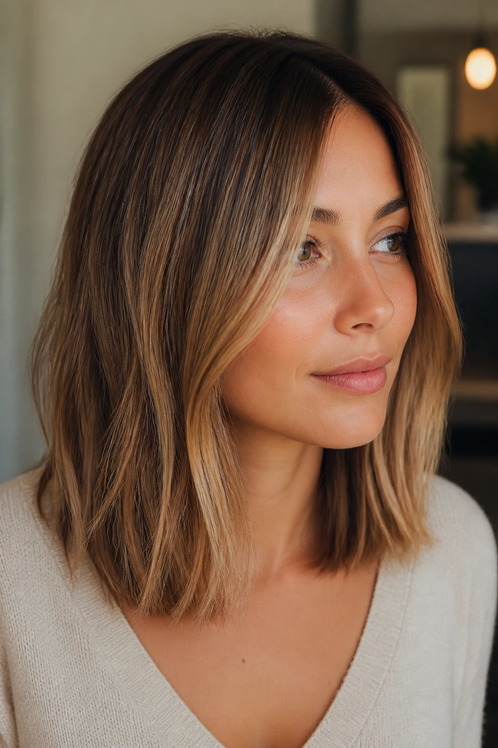 Close-up of a real person with an invisible-layer shoulder cut and honey babylights in soft window light