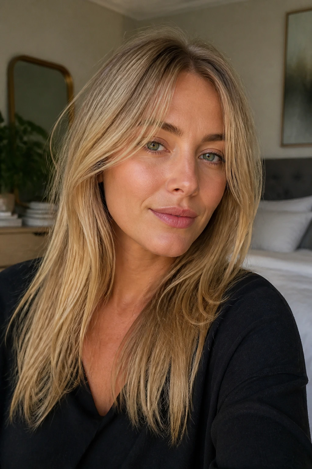 Close-up of a woman with invisible layered bangs blending into layers