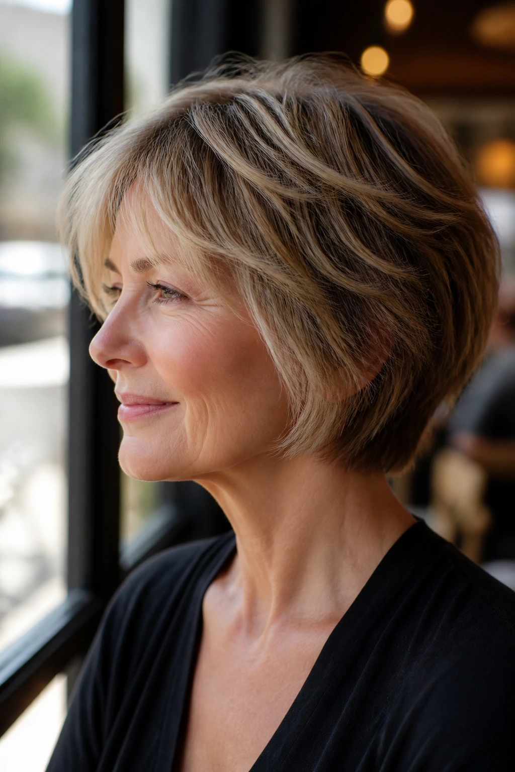 Close-up portrait of a real woman with tousled invisible-layer bob texture.
