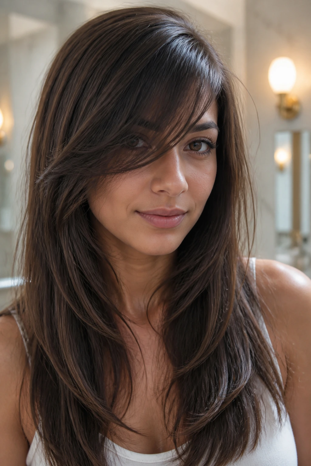 Close-up of a woman with invisible layers and an airy side-swept bang.