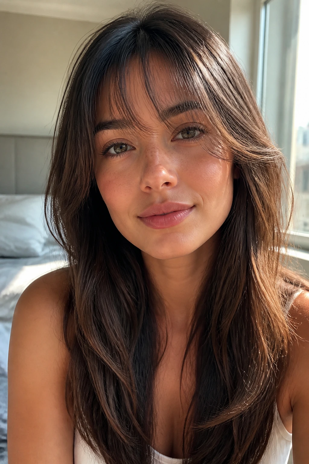 Close-up of a real woman with invisible layers and barely-there fringe in soft daylight