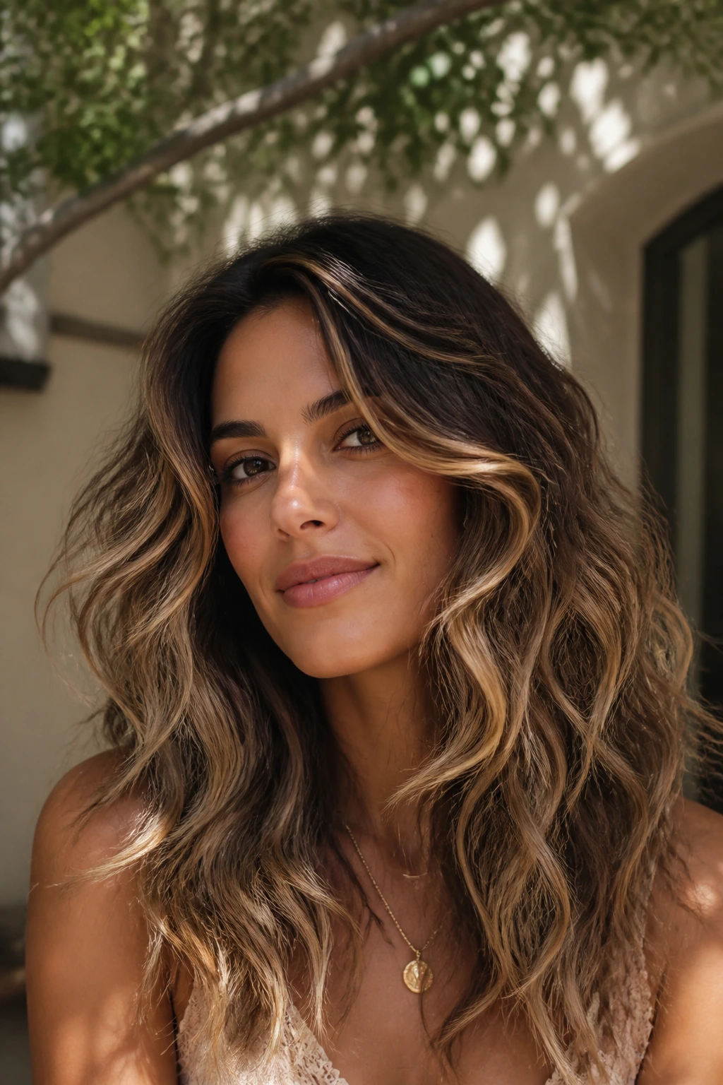 Close-up of a real woman with loose beach waves and subtle internal layering