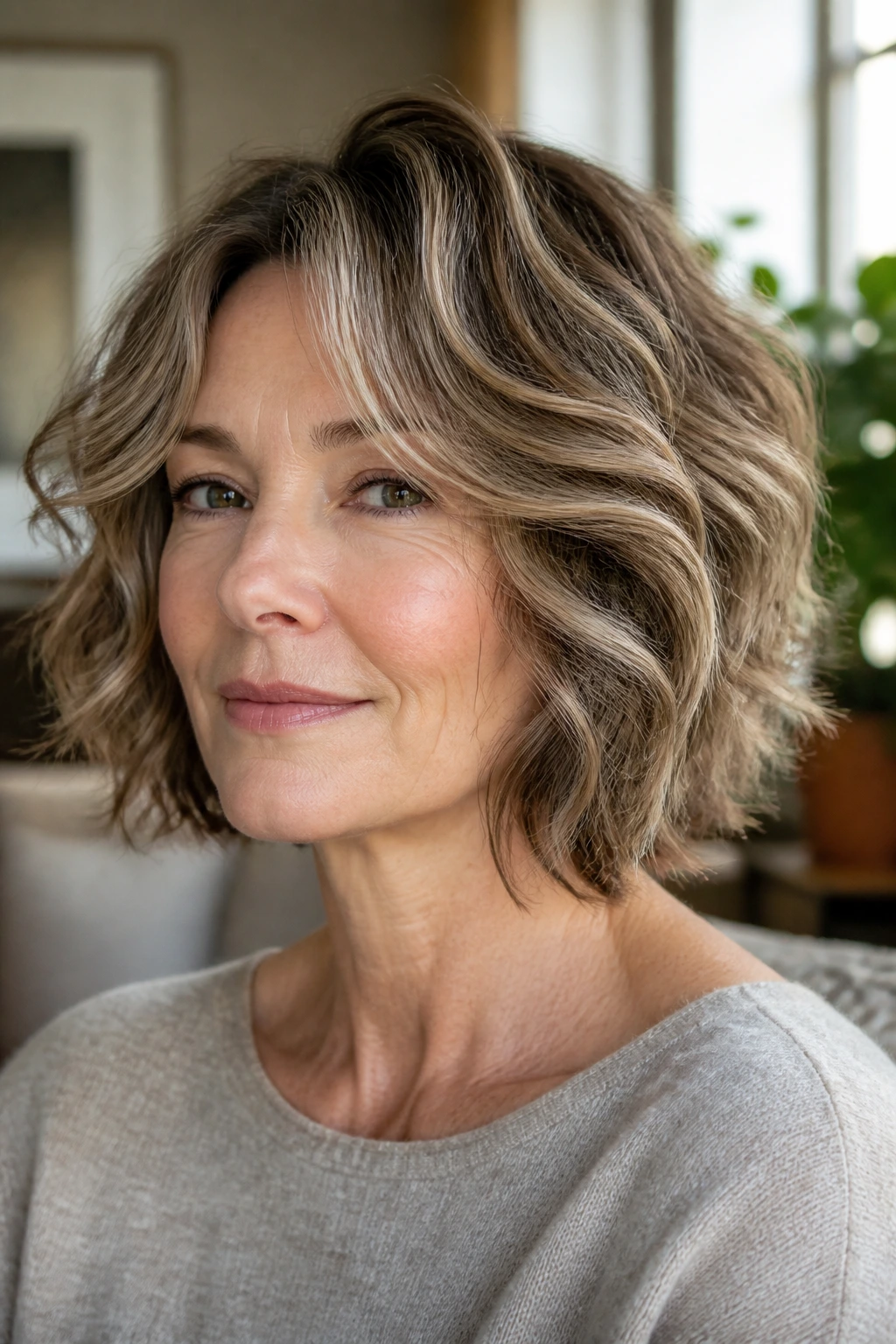 Close-up of a real woman wearing an invisible layers bob with hidden interior weight removal