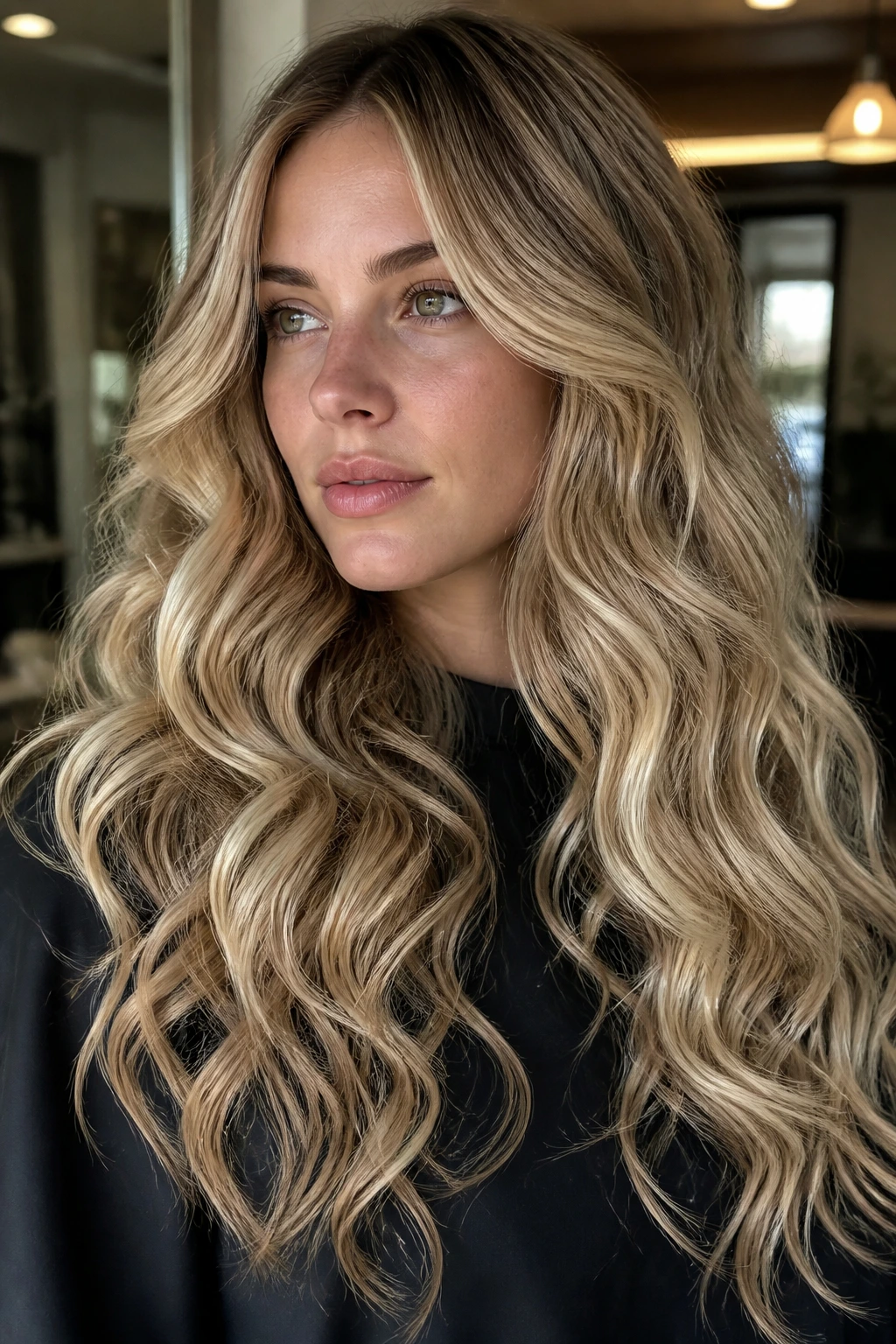Real woman with curls showing invisible layers and root smudge