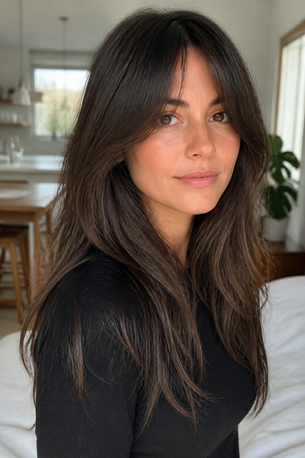 Close-up of a woman with curtain bangs and invisible layers in bright home light