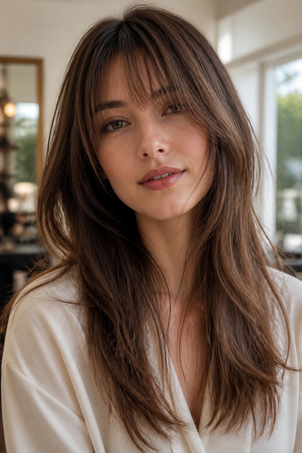 Close-up portrait of a real woman with invisible internal layers and delicate fringe