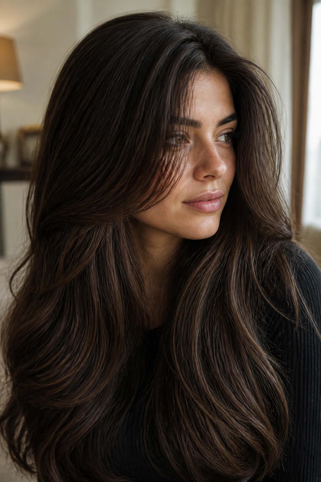 Close-up portrait of a real woman with dense long hair