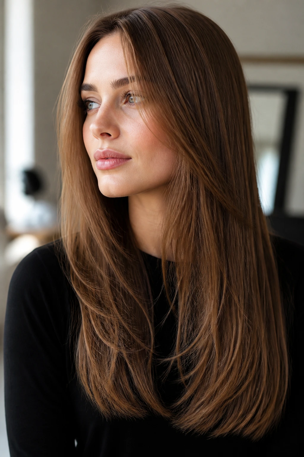 Close-up of a real person with invisible layers in fine straight hair